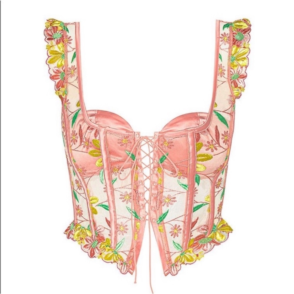 For Love And Lemons Pink Floral Embroidered Corset Top